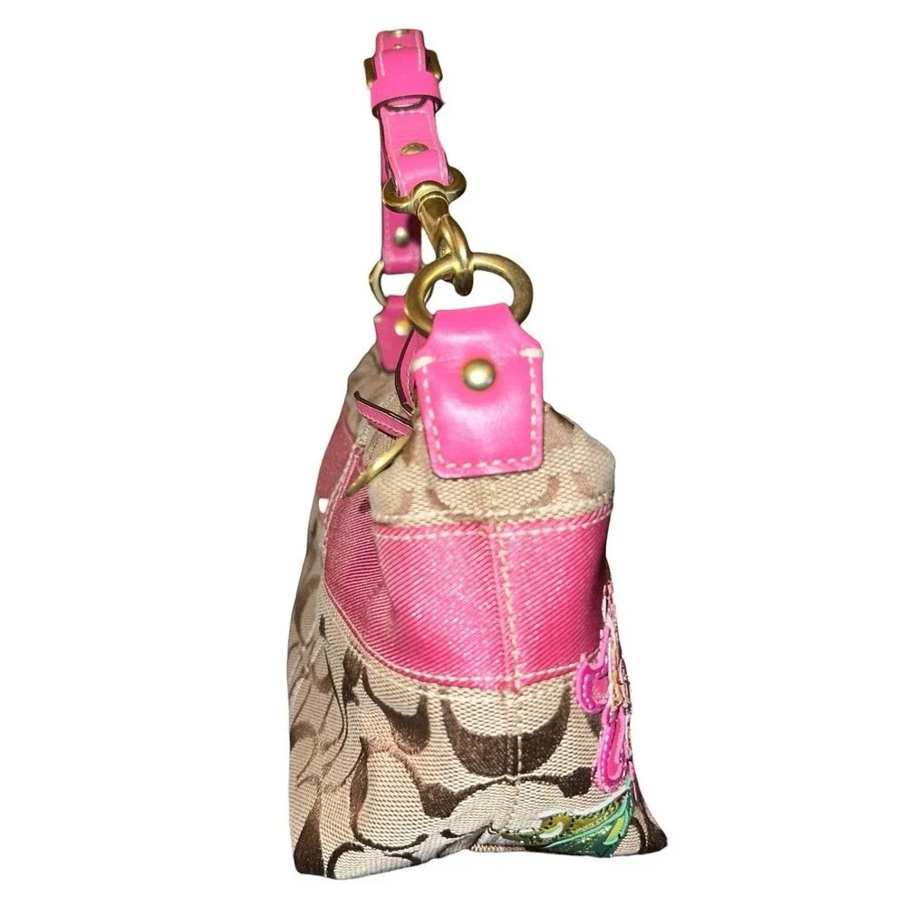 Coach Khaki Pink Signature C Rare Floral Appliqué Canvas Shoulder Bag 41420 Y2K